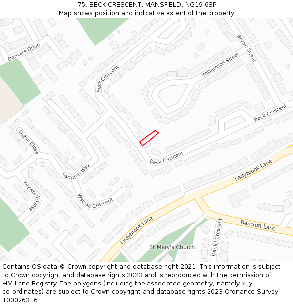 75, BECK CRESCENT, MANSFIELD, NG19 6SP: Location map and indicative extent of plot