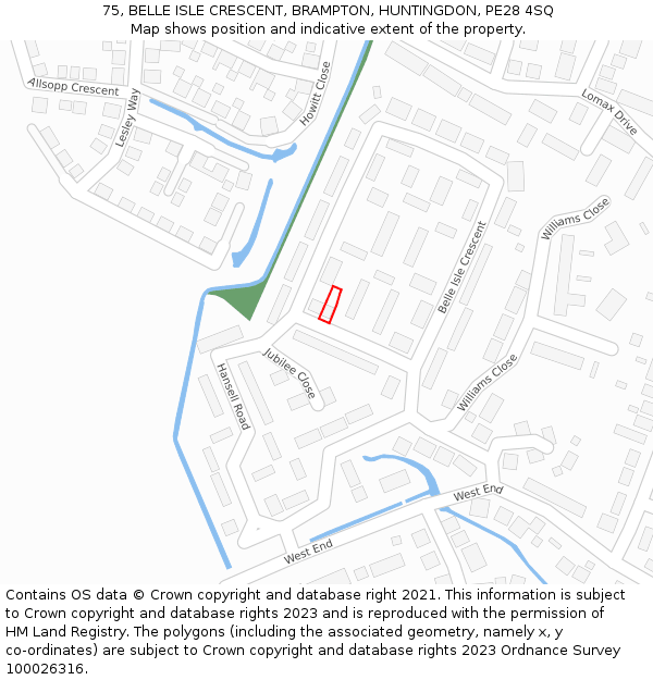 75, BELLE ISLE CRESCENT, BRAMPTON, HUNTINGDON, PE28 4SQ: Location map and indicative extent of plot