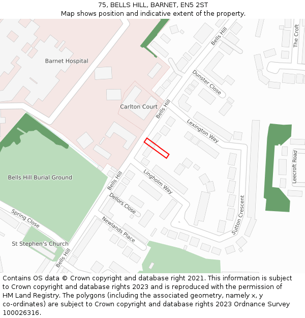 75, BELLS HILL, BARNET, EN5 2ST: Location map and indicative extent of plot