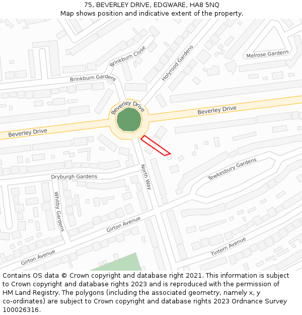75, BEVERLEY DRIVE, EDGWARE, HA8 5NQ: Location map and indicative extent of plot