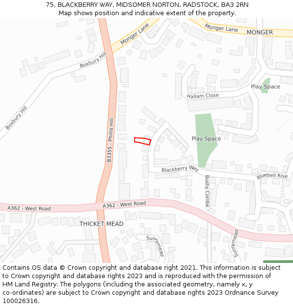 75, BLACKBERRY WAY, MIDSOMER NORTON, RADSTOCK, BA3 2RN: Location map and indicative extent of plot