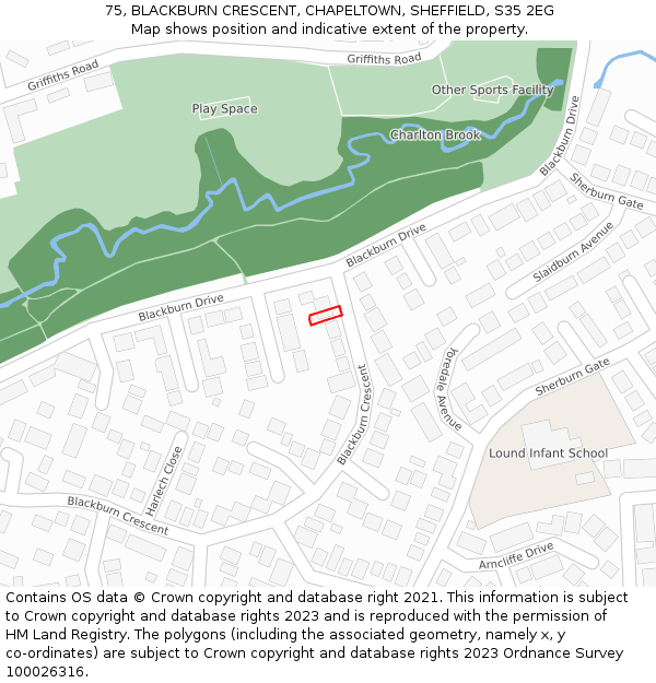75, BLACKBURN CRESCENT, CHAPELTOWN, SHEFFIELD, S35 2EG: Location map and indicative extent of plot