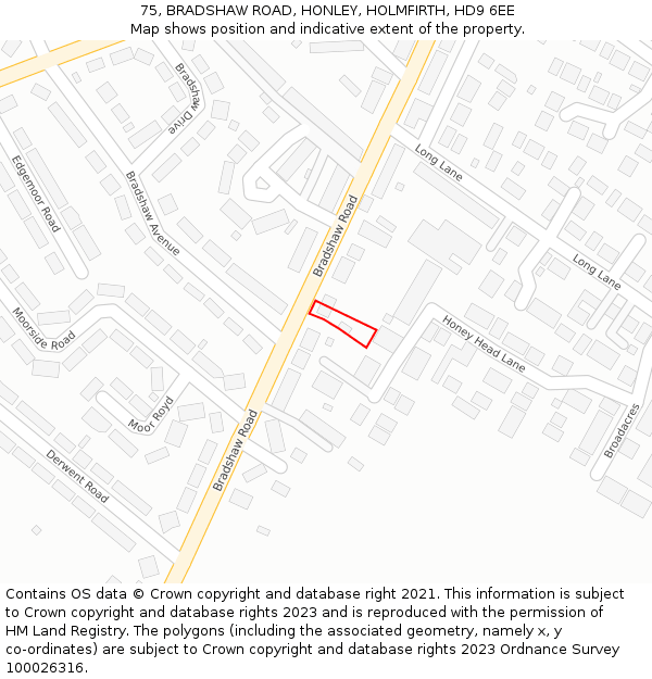 75, BRADSHAW ROAD, HONLEY, HOLMFIRTH, HD9 6EE: Location map and indicative extent of plot