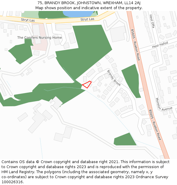 75, BRANDY BROOK, JOHNSTOWN, WREXHAM, LL14 2AJ: Location map and indicative extent of plot