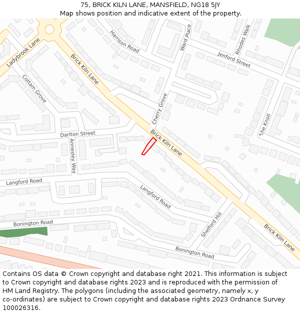 75, BRICK KILN LANE, MANSFIELD, NG18 5JY: Location map and indicative extent of plot