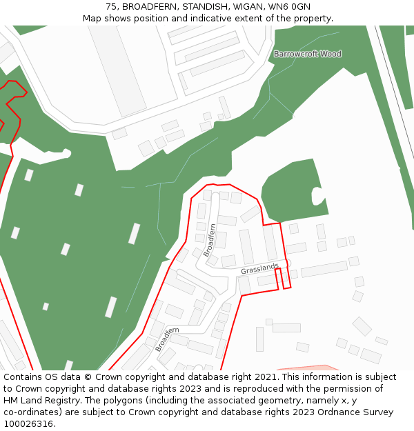 75, BROADFERN, STANDISH, WIGAN, WN6 0GN: Location map and indicative extent of plot