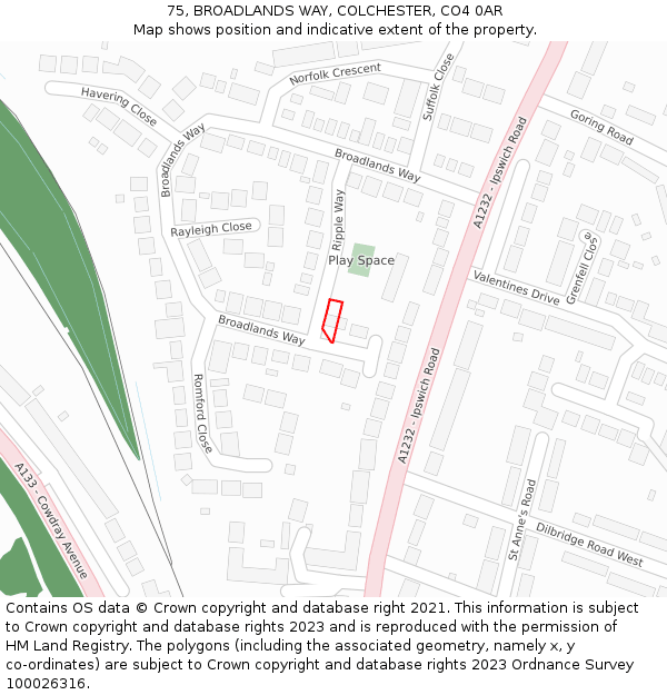 75, BROADLANDS WAY, COLCHESTER, CO4 0AR: Location map and indicative extent of plot