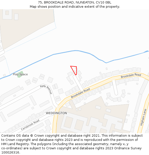 75, BROOKDALE ROAD, NUNEATON, CV10 0BL: Location map and indicative extent of plot