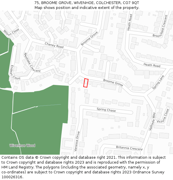 75, BROOME GROVE, WIVENHOE, COLCHESTER, CO7 9QT: Location map and indicative extent of plot