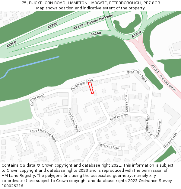 75, BUCKTHORN ROAD, HAMPTON HARGATE, PETERBOROUGH, PE7 8GB: Location map and indicative extent of plot