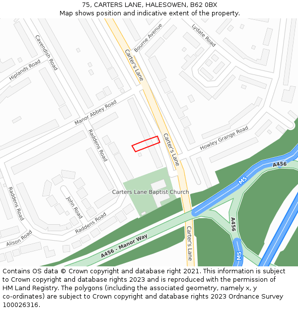 75, CARTERS LANE, HALESOWEN, B62 0BX: Location map and indicative extent of plot