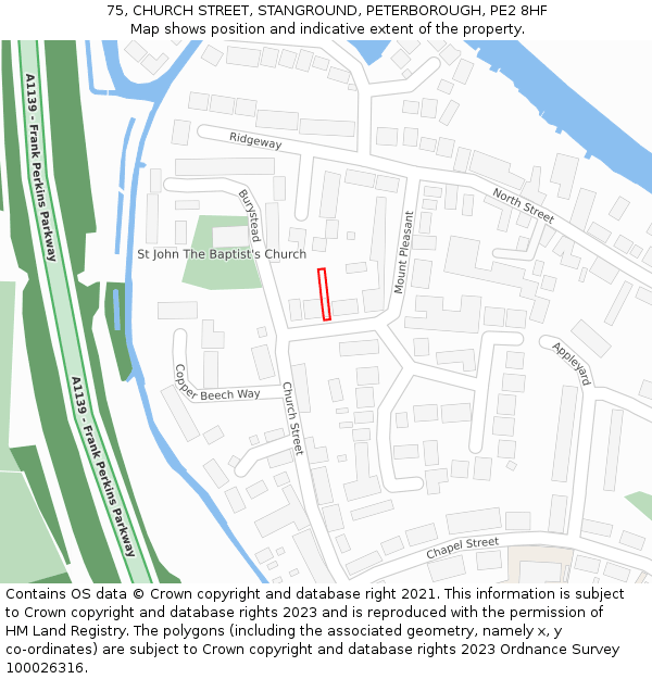 75, CHURCH STREET, STANGROUND, PETERBOROUGH, PE2 8HF: Location map and indicative extent of plot
