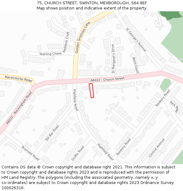 75, CHURCH STREET, SWINTON, MEXBOROUGH, S64 8EF: Location map and indicative extent of plot