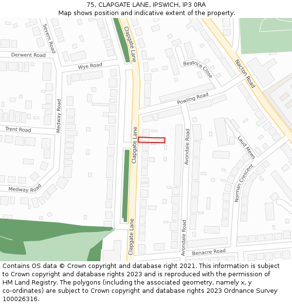 75, CLAPGATE LANE, IPSWICH, IP3 0RA: Location map and indicative extent of plot
