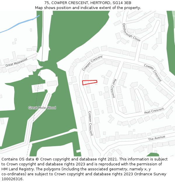 75, COWPER CRESCENT, HERTFORD, SG14 3EB: Location map and indicative extent of plot