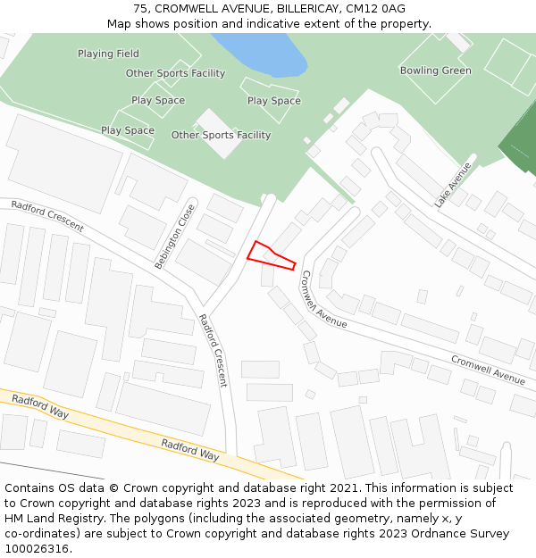75, CROMWELL AVENUE, BILLERICAY, CM12 0AG: Location map and indicative extent of plot