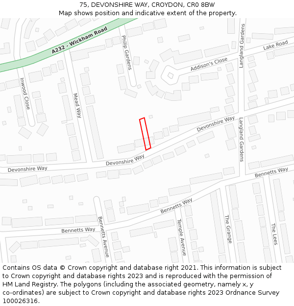 75, DEVONSHIRE WAY, CROYDON, CR0 8BW: Location map and indicative extent of plot