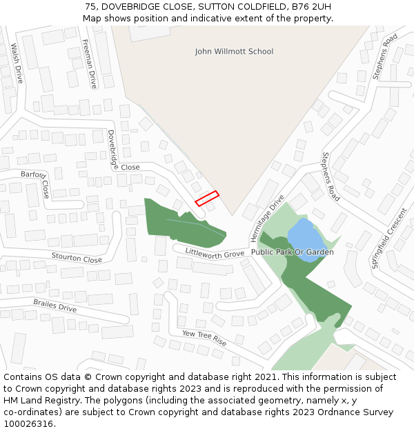 75, DOVEBRIDGE CLOSE, SUTTON COLDFIELD, B76 2UH: Location map and indicative extent of plot