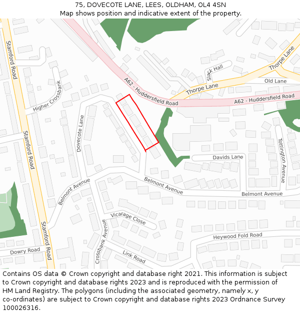 75, DOVECOTE LANE, LEES, OLDHAM, OL4 4SN: Location map and indicative extent of plot