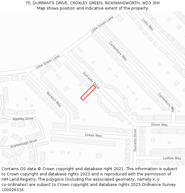75, DURRANTS DRIVE, CROXLEY GREEN, RICKMANSWORTH, WD3 3NY: Location map and indicative extent of plot