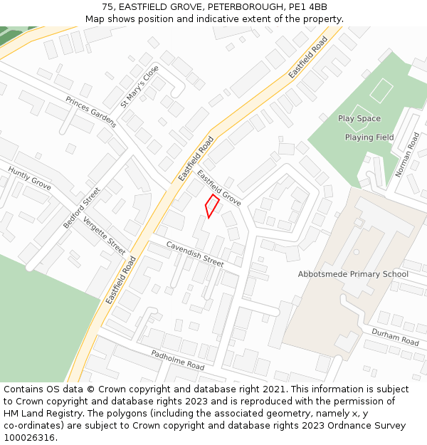 75, EASTFIELD GROVE, PETERBOROUGH, PE1 4BB: Location map and indicative extent of plot
