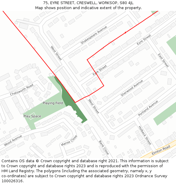 75, EYRE STREET, CRESWELL, WORKSOP, S80 4JL: Location map and indicative extent of plot