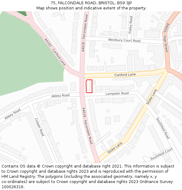 75, FALCONDALE ROAD, BRISTOL, BS9 3JP: Location map and indicative extent of plot