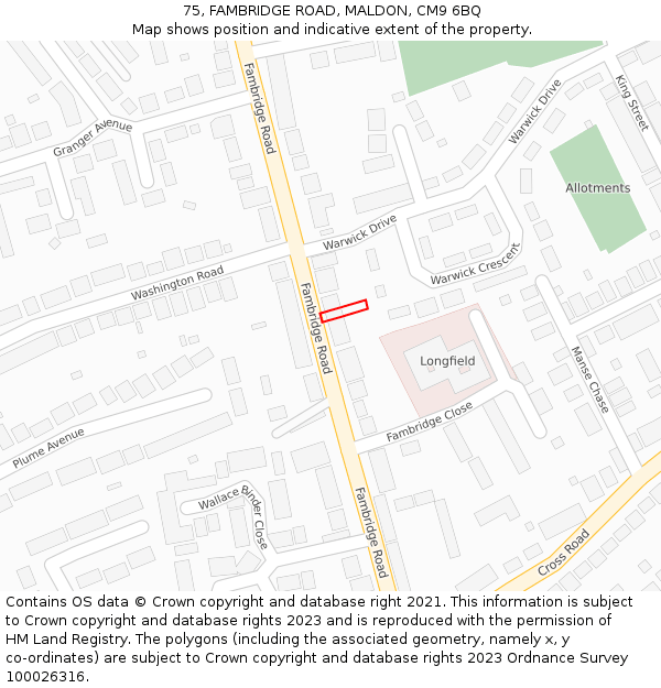 75, FAMBRIDGE ROAD, MALDON, CM9 6BQ: Location map and indicative extent of plot
