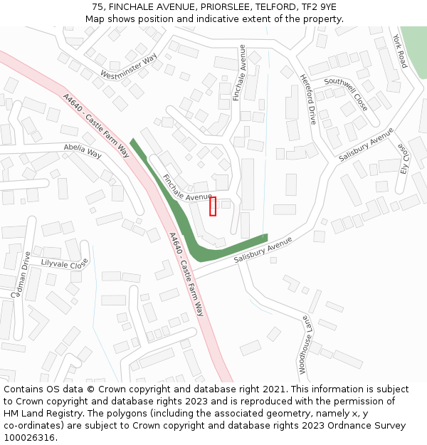 75, FINCHALE AVENUE, PRIORSLEE, TELFORD, TF2 9YE: Location map and indicative extent of plot