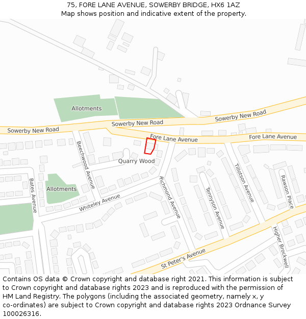 75, FORE LANE AVENUE, SOWERBY BRIDGE, HX6 1AZ: Location map and indicative extent of plot