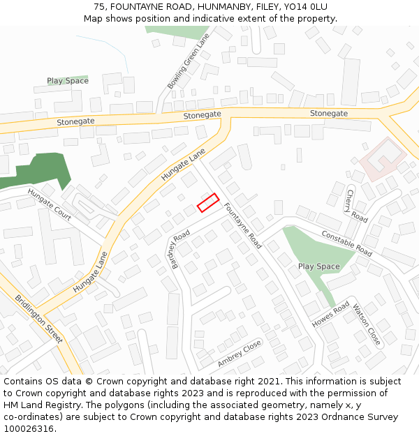 75, FOUNTAYNE ROAD, HUNMANBY, FILEY, YO14 0LU: Location map and indicative extent of plot