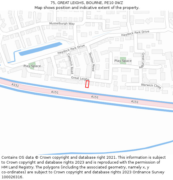 75, GREAT LEIGHS, BOURNE, PE10 0WZ: Location map and indicative extent of plot