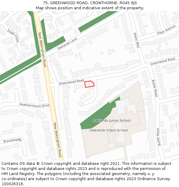 75, GREENWOOD ROAD, CROWTHORNE, RG45 6JS: Location map and indicative extent of plot