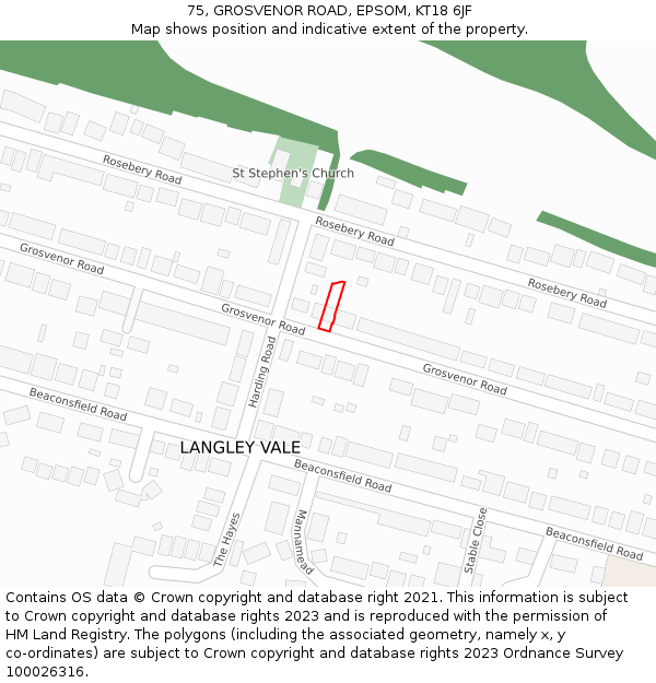 75, GROSVENOR ROAD, EPSOM, KT18 6JF: Location map and indicative extent of plot