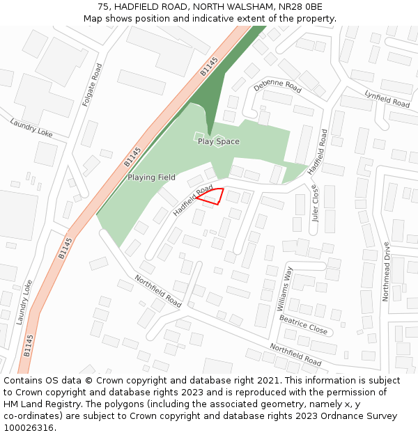 75, HADFIELD ROAD, NORTH WALSHAM, NR28 0BE: Location map and indicative extent of plot