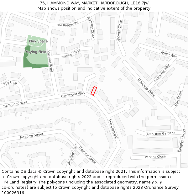 75, HAMMOND WAY, MARKET HARBOROUGH, LE16 7JW: Location map and indicative extent of plot
