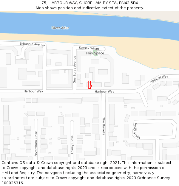 75, HARBOUR WAY, SHOREHAM-BY-SEA, BN43 5BX: Location map and indicative extent of plot