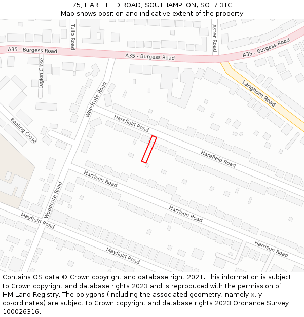 75, HAREFIELD ROAD, SOUTHAMPTON, SO17 3TG: Location map and indicative extent of plot