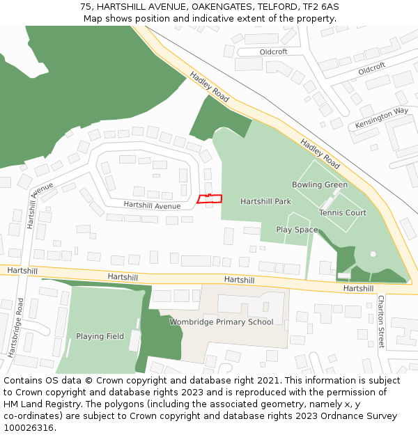75, HARTSHILL AVENUE, OAKENGATES, TELFORD, TF2 6AS: Location map and indicative extent of plot