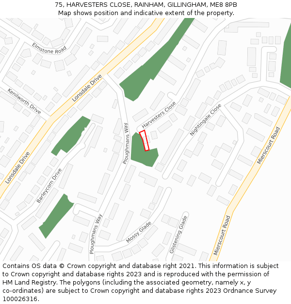75, HARVESTERS CLOSE, RAINHAM, GILLINGHAM, ME8 8PB: Location map and indicative extent of plot