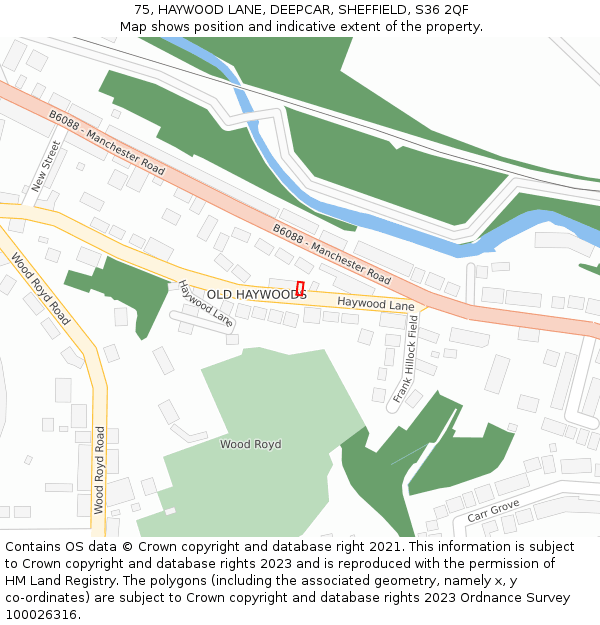 75, HAYWOOD LANE, DEEPCAR, SHEFFIELD, S36 2QF: Location map and indicative extent of plot