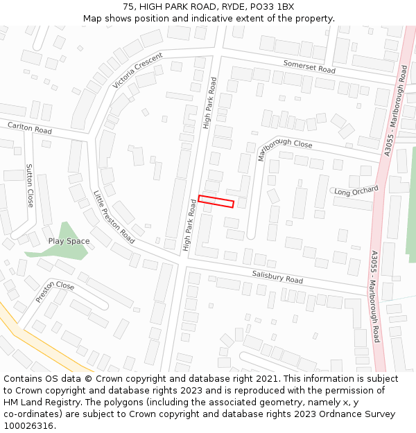 75, HIGH PARK ROAD, RYDE, PO33 1BX: Location map and indicative extent of plot