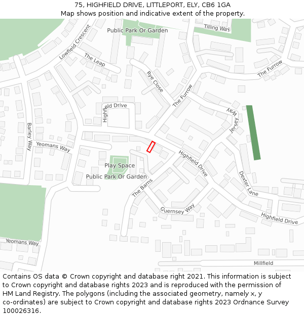75, HIGHFIELD DRIVE, LITTLEPORT, ELY, CB6 1GA: Location map and indicative extent of plot
