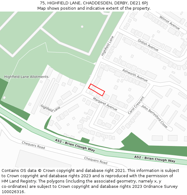 75, HIGHFIELD LANE, CHADDESDEN, DERBY, DE21 6PJ: Location map and indicative extent of plot