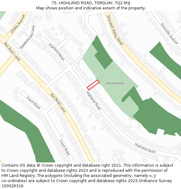 75, HIGHLAND ROAD, TORQUAY, TQ2 6NJ: Location map and indicative extent of plot