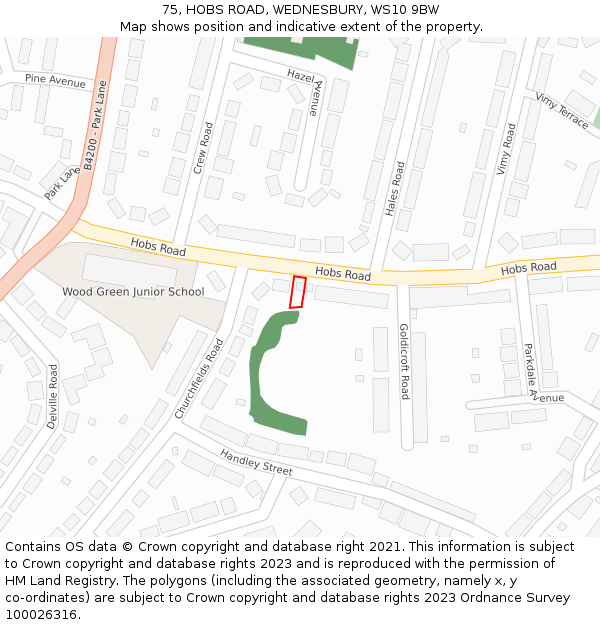 75, HOBS ROAD, WEDNESBURY, WS10 9BW: Location map and indicative extent of plot