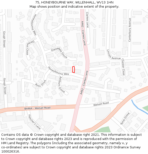 75, HONEYBOURNE WAY, WILLENHALL, WV13 1HN: Location map and indicative extent of plot