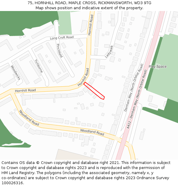 75, HORNHILL ROAD, MAPLE CROSS, RICKMANSWORTH, WD3 9TG: Location map and indicative extent of plot