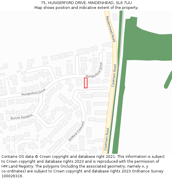 75, HUNGERFORD DRIVE, MAIDENHEAD, SL6 7UU: Location map and indicative extent of plot