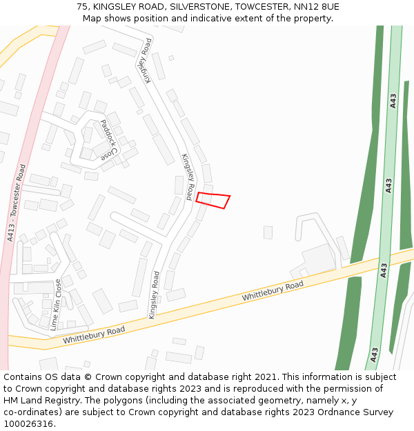 75, KINGSLEY ROAD, SILVERSTONE, TOWCESTER, NN12 8UE: Location map and indicative extent of plot